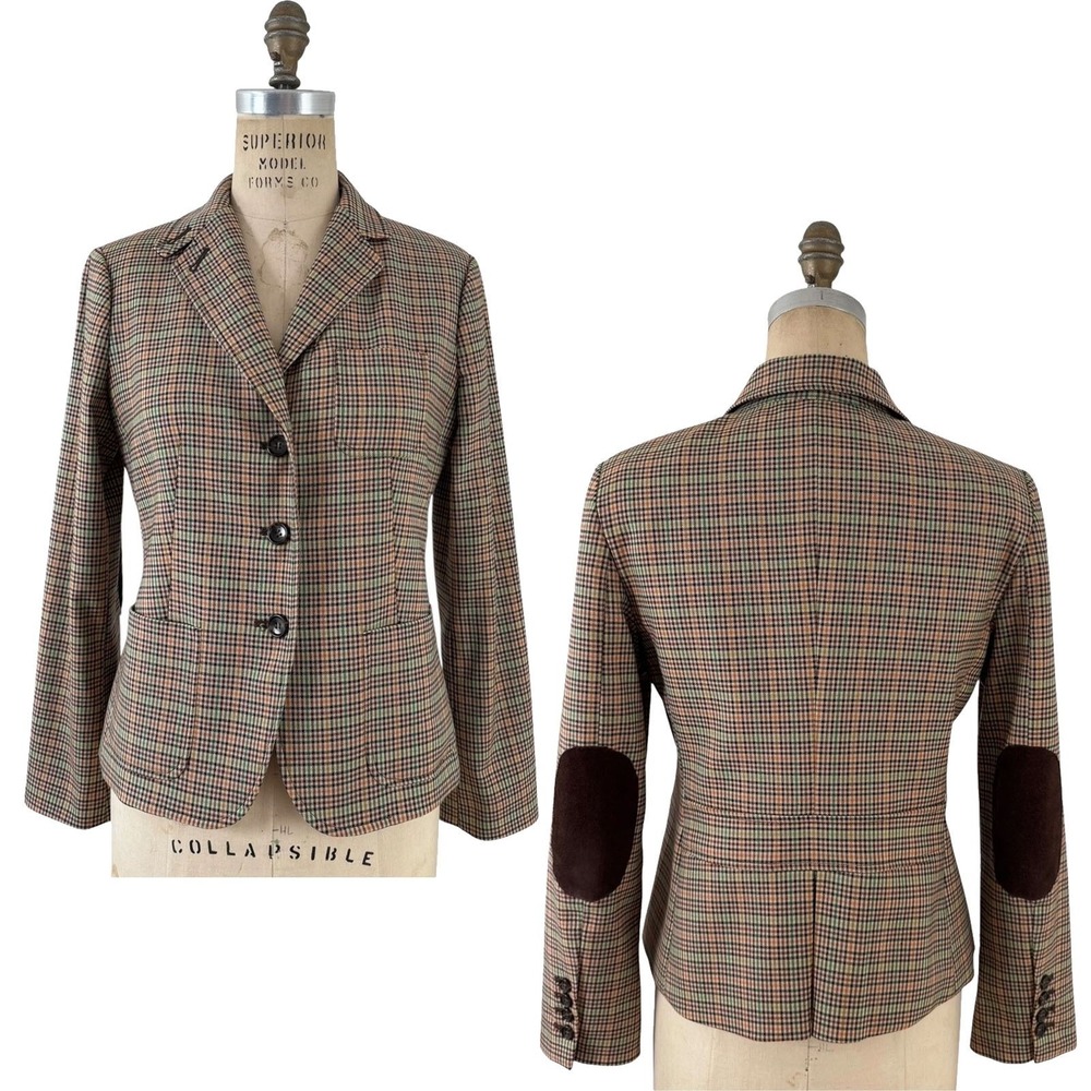Talbots Plaid Elbow Patch Blazer Sz 8P Tan Equestrian Preppy Classic Fall Autumn